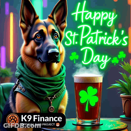 A Painting Of A German Shepherd With A Glass Of Beer And The Words Happy St. Patrick 'S Day On It GIF