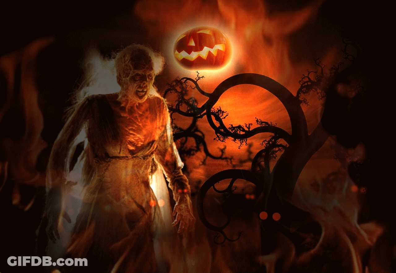 A Painting Of A Ghost With A Pumpkin Behind Him GIF