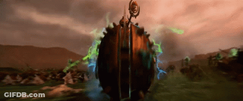A Painting Of A Giant Ball With A Spear In It GIF