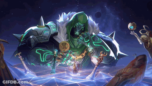 A Painting Of A Giant Monster With A Sword And A Shield GIF