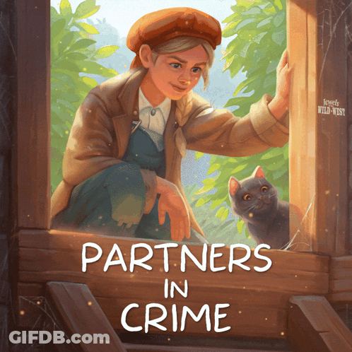 A Painting Of A Girl And A Cat With The Title Partners In Crime GIF
