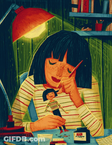 A Painting Of A Girl Holding A Doll With A Bottle Of Kamm Ink In Front Of Her GIF