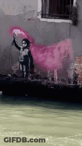 A Painting Of A Girl Holding A Torch On A Wall Next To A River . GIF