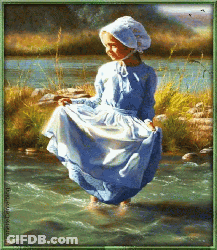 A Painting Of A Girl In A Blue Dress Standing In A Stream GIF