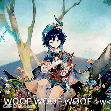 A Painting Of A Girl Playing A Harp With The Words Woof Woof Woof > W < Underneath Her GIF