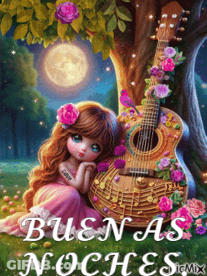 A Painting Of A Girl Sitting Next To A Guitar With The Words Buenas Noches In The Bottom Right Corner GIF