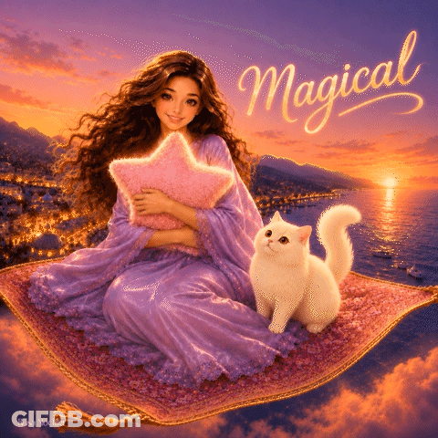 A Painting Of A Girl Sitting On A Flying Carpet With A Cat And The Word Magical Written Above Her GIF