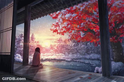A Painting Of A Girl Sitting On A Porch Looking Out Over A Lake GIF