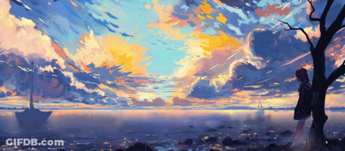 A Painting Of A Girl Standing Next To A Tree Overlooking The Ocean GIF