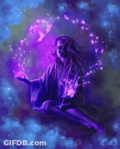 A Painting Of A Girl Surrounded By Purple Lights With The Name Dizzy On The Bottom Right GIF