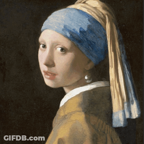 A Painting Of A Girl With A Pearl Earring And A Blue Scarf Around Her Head GIF