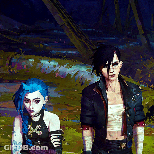 A Painting Of A Girl With Blue Hair And A Man With Black Hair GIF