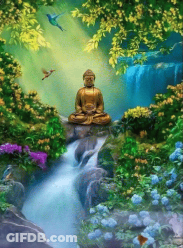 A Painting Of A Golden Buddha Sitting On A Rock Near A Waterfall GIF