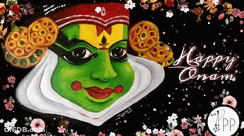 A Painting Of A Green Mask On A Black Background With The Words `` Happy Onam '' Written On It . GIF