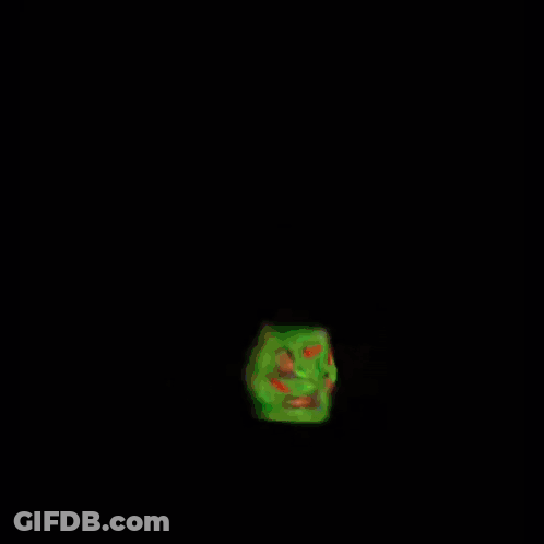 A Painting Of A Green Square With Red And Orange Spots GIF