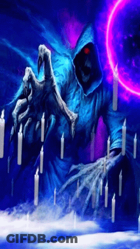 A Painting Of A Grim Reaper Surrounded By Candles And A Purple Light GIF