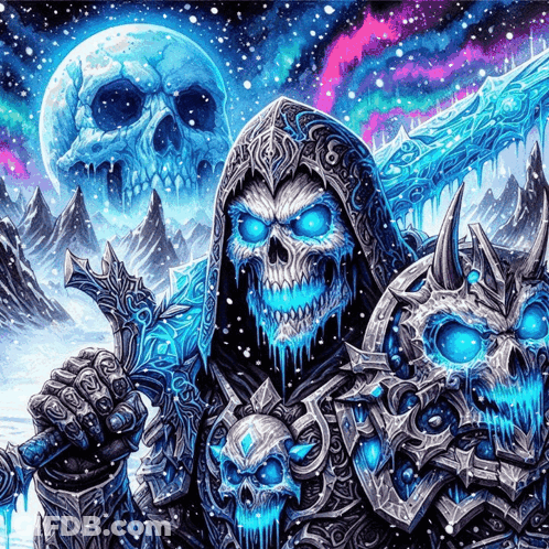 A Painting Of A Grim Reaper With Blue Eyes And A Sword GIF