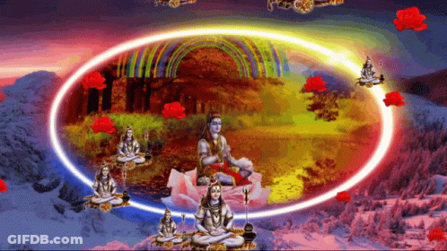 A Painting Of A Group Of Deities Surrounded By A Circle Of Light GIF