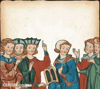 A Painting Of A Group Of People Including A Man Holding A Book GIF
