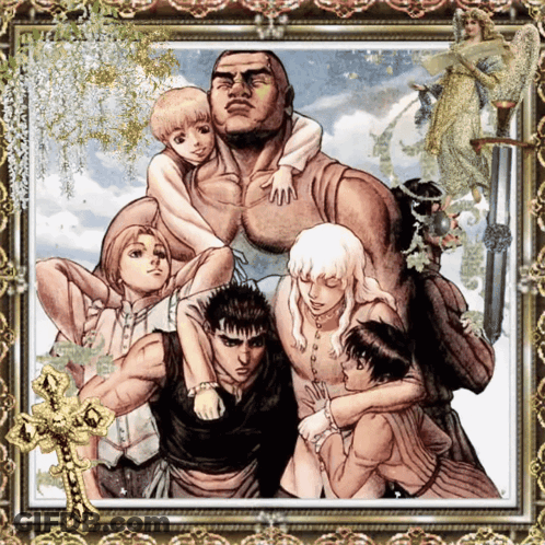 A Painting Of A Group Of People Including A Man Holding A Child GIF