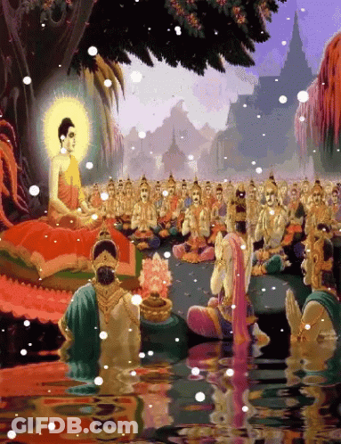 A Painting Of A Group Of People Praying In A River GIF
