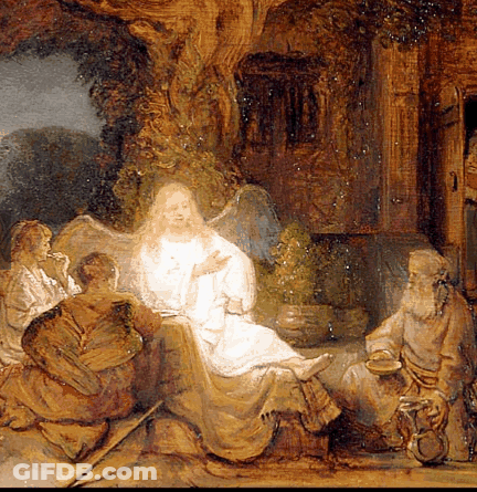 A Painting Of A Group Of People Sitting Around A Table GIF