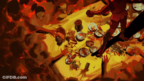 A Painting Of A Group Of People Standing Around A Table With Plates Of Food On It GIF