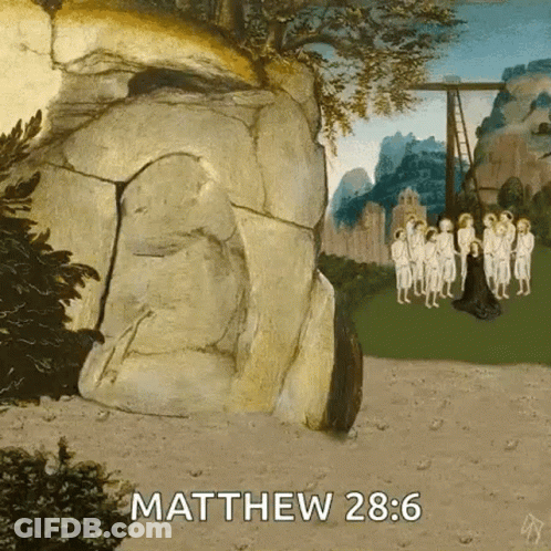 A Painting Of A Group Of People Standing In Front Of A Large Rock With The Words `` Matthew 28 : 6 '' Written On It GIF