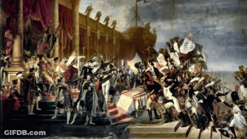 A Painting Of A Group Of Soldiers With Flags And A Ship In The Background GIF