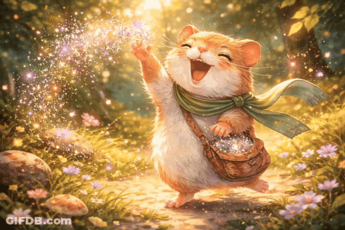 A Painting Of A Hamster In A Field Of Flowers Holding A Butterfly GIF