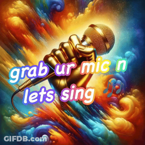A Painting Of A Hand Holding A Microphone With The Words Grab Ur Mic N Let 'S Sing Below It GIF