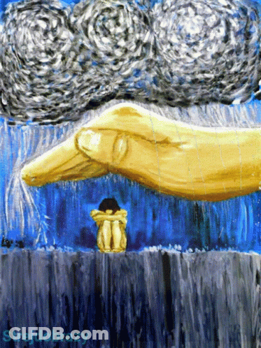 A Painting Of A Hand Holding A Person With The Word Strejdobrazy Written Below It GIF