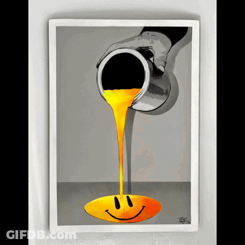 A Painting Of A Hand Pouring Yellow Paint On A Smiley Face GIF