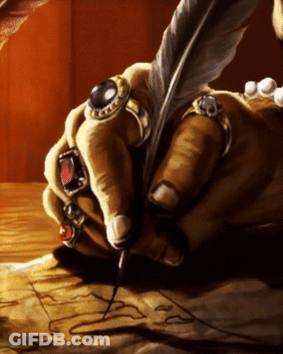 A Painting Of A Hand With Rings And A Feather Pen GIF