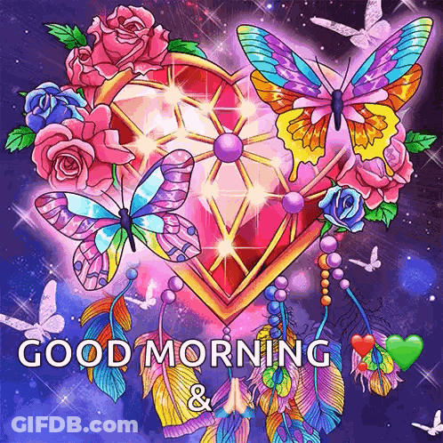 A Painting Of A Heart With Butterflies And Flowers And The Words Good Morning GIF