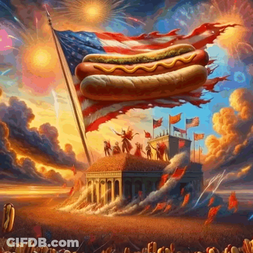 A Painting Of A Hot Dog With Mustard On It Flying Over The Capitol Building GIF