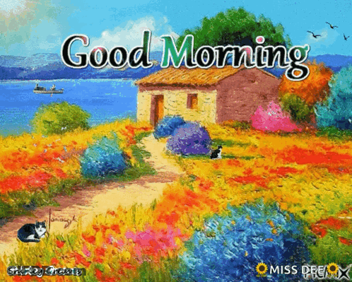 A Painting Of A House And Flowers With The Words Good Morning Written On It GIF
