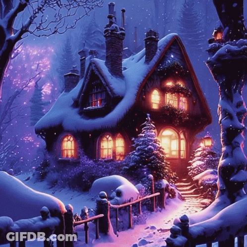 A Painting Of A House Covered In Snow With Lights On The Windows GIF