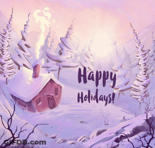 A Painting Of A House In The Snow With The Words Happy Holidays Written Below It GIF