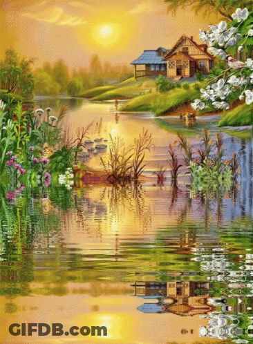 A Painting Of A House On A Hill By A River GIF