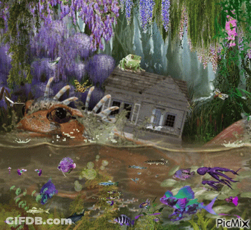 A Painting Of A House Surrounded By Purple Flowers And Fish With A Picmix Watermark GIF