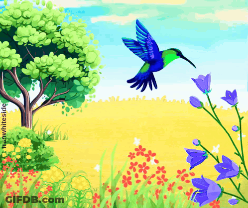 A Painting Of A Hummingbird Flying Over A Field Of Flowers With A Tree In The Background GIF