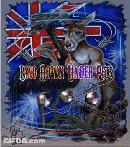 A Painting Of A Kangaroo That Says " Land Down Under Pets " GIF