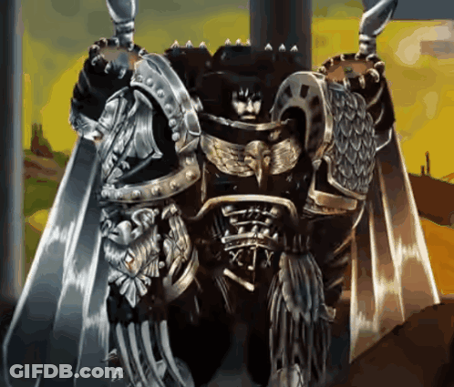 A Painting Of A Knight With A Sword And A Cape With The Letters X And Y On It GIF