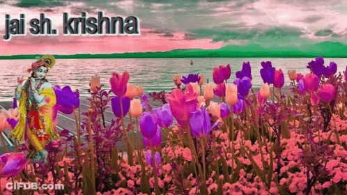A Painting Of A Krishna Playing A Flute In Front Of A Lake GIF