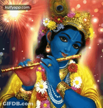 A Painting Of A Krishna Playing A Flute With The Website Kulfyapp.com In The Corner GIF