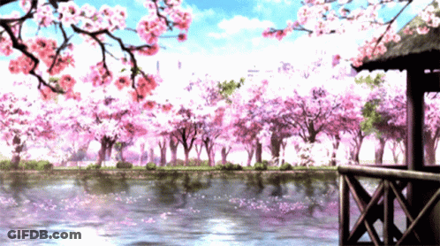A Painting Of A Lake Surrounded By Cherry Blossoms GIF