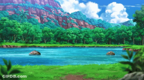 A Painting Of A Lake Surrounded By Mountains And Trees GIF