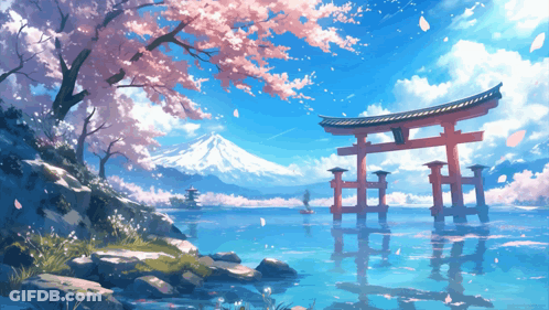 A Painting Of A Lake With A Torii Gate In The Foreground GIF