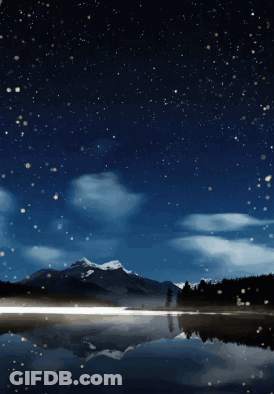 A Painting Of A Lake With Mountains In The Background At Night GIF